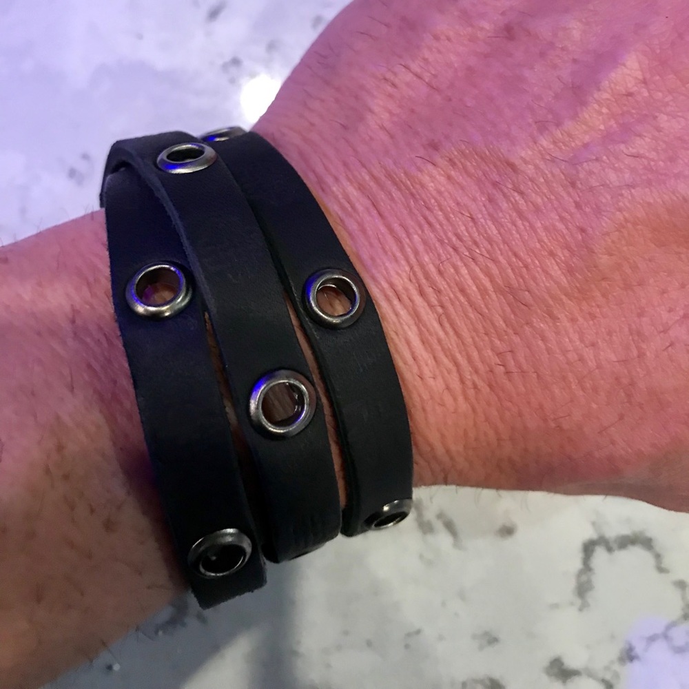 Black Leather Wrap Bracelet w/Gunmetal Grommets